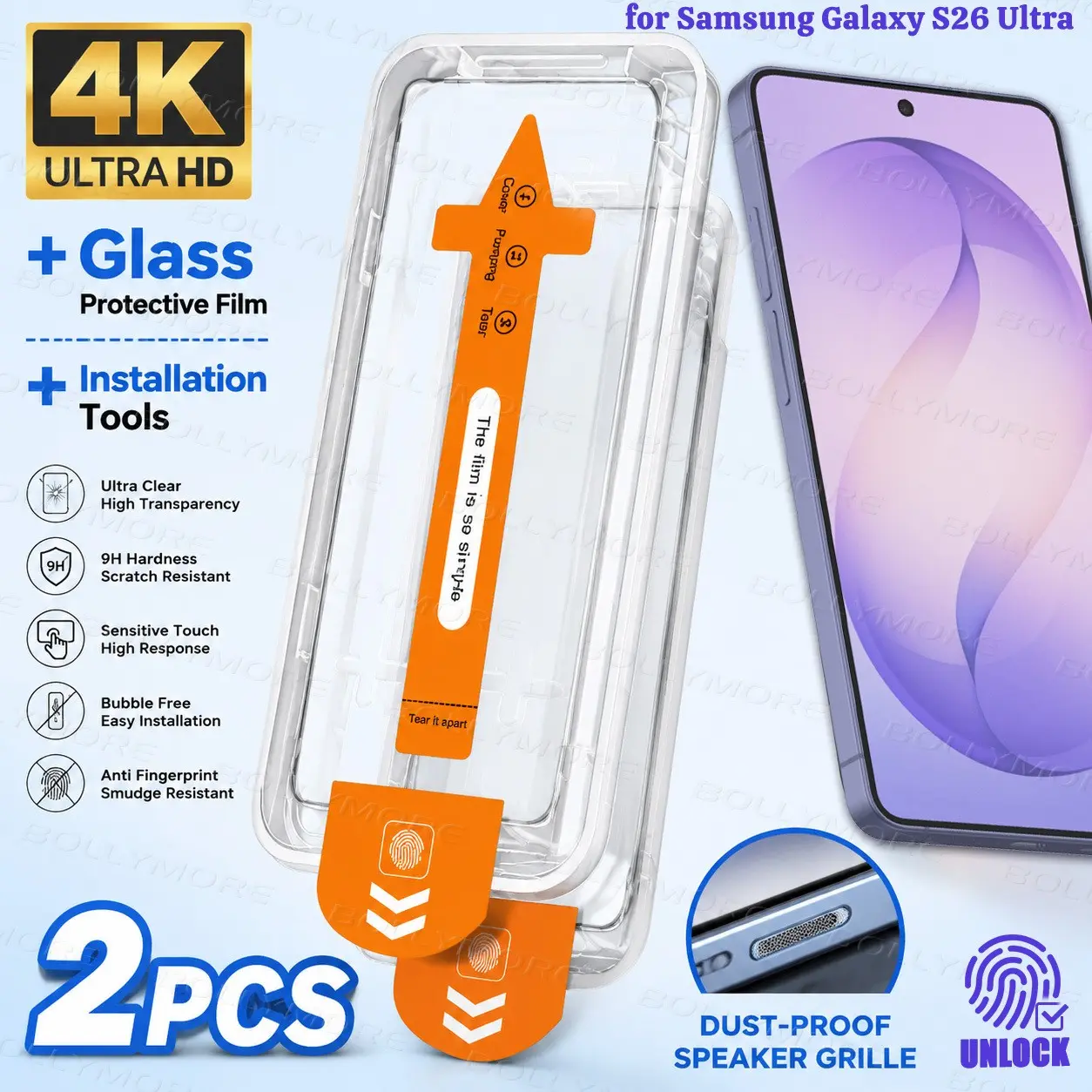 2-Pack Samsung S26 Ultra Protective Screen Protector, 4K Clear 9h Hardness, Auto Dust Removal, Bubble-Free Installation, Fingerprint Resistant, Anti-Oil, Shockproof