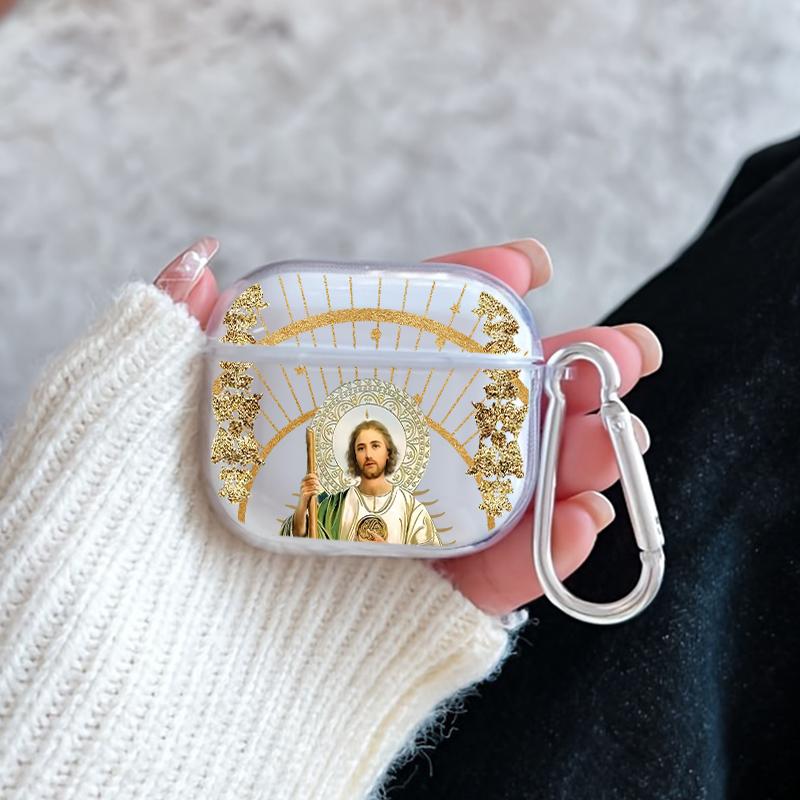 Divine Saintly Radiance Pattern Protective Case for AirPods 4/3/2/1/Pro/Pro2 Soft TPU Earphone Cover, Transparent with Keychain