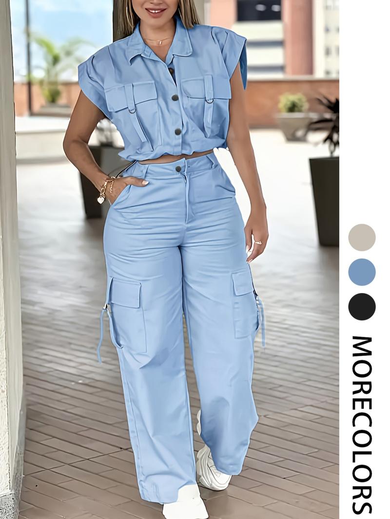 Women's Solid Button Front Tank Top & Cargo Pants, Casual Fashion Cozy Two-piece Set for Daily Outdoor Wear, Ladies Clothes for Summer Women's Solid Button Front Tank Top & Cargo Pants, Casual Fashion Cozy Two-piece Set for Daily Outdoor Wear, Ladies Clothes for Summer