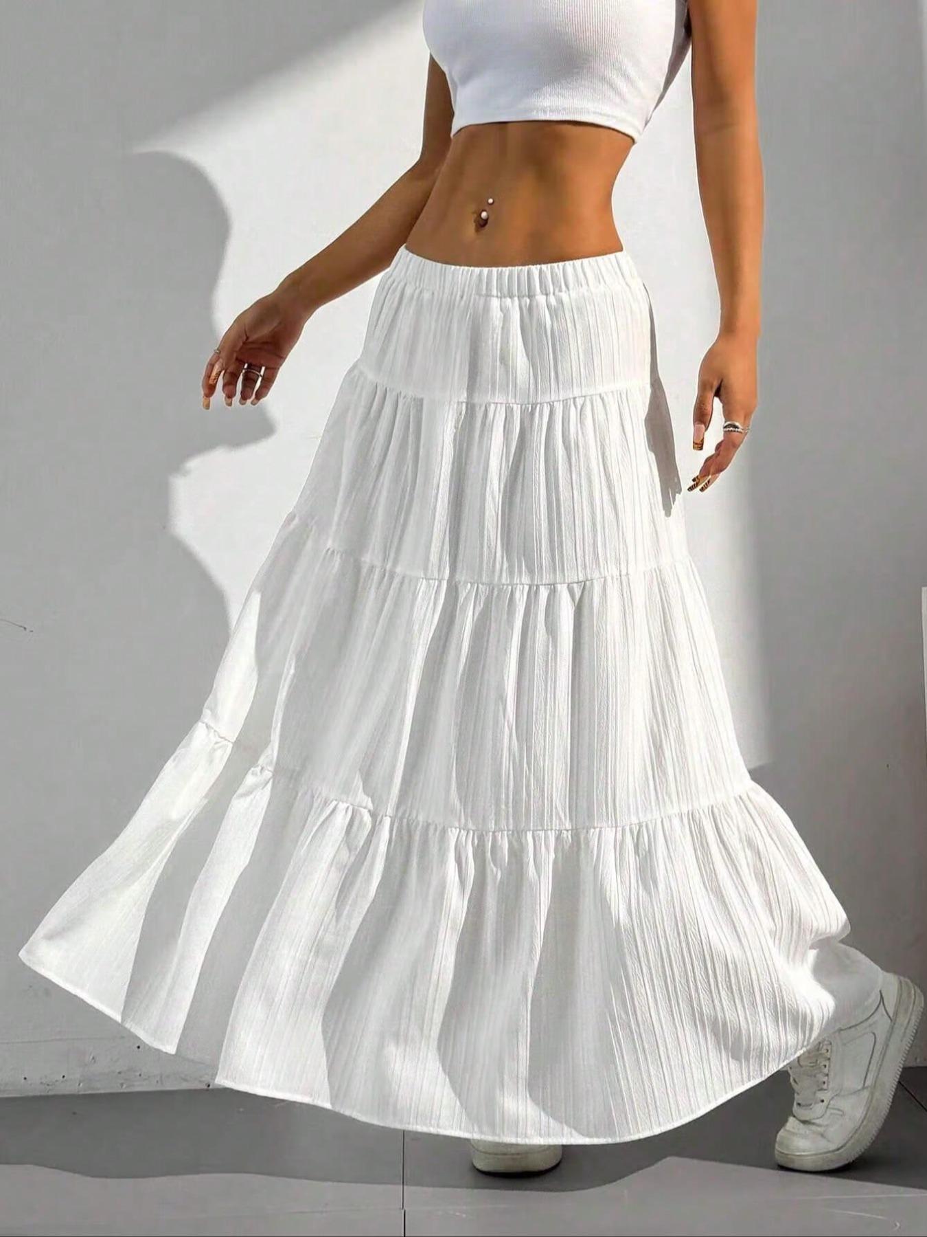 Women's Plain Ruffle Hem A Line Skirt, Casual Fashion Long Skirt for Daily Wear, Ladies Bottoms for All Seasons