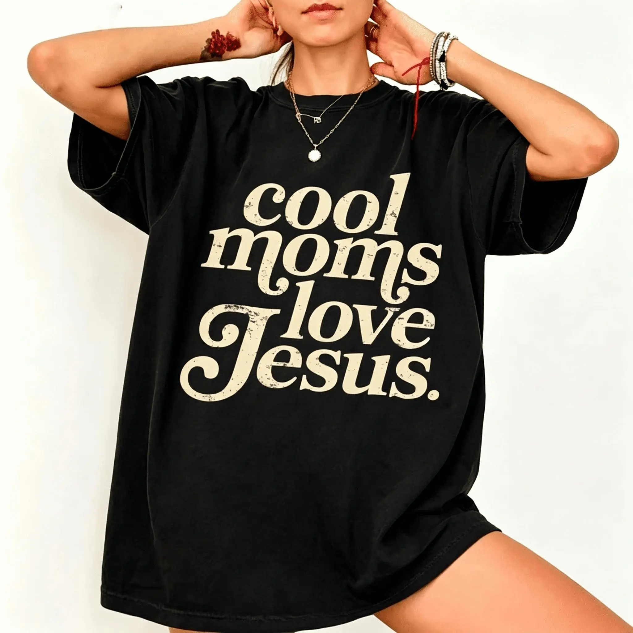 Women's Cool Moms Love Jesus T-Shirt, Casual Christian Graphic Tee, Smooth Solid Cotton Top with Seamless Design, Soft, Fabric, Graphics, T Shirts For Women, Women's Graphic Tees