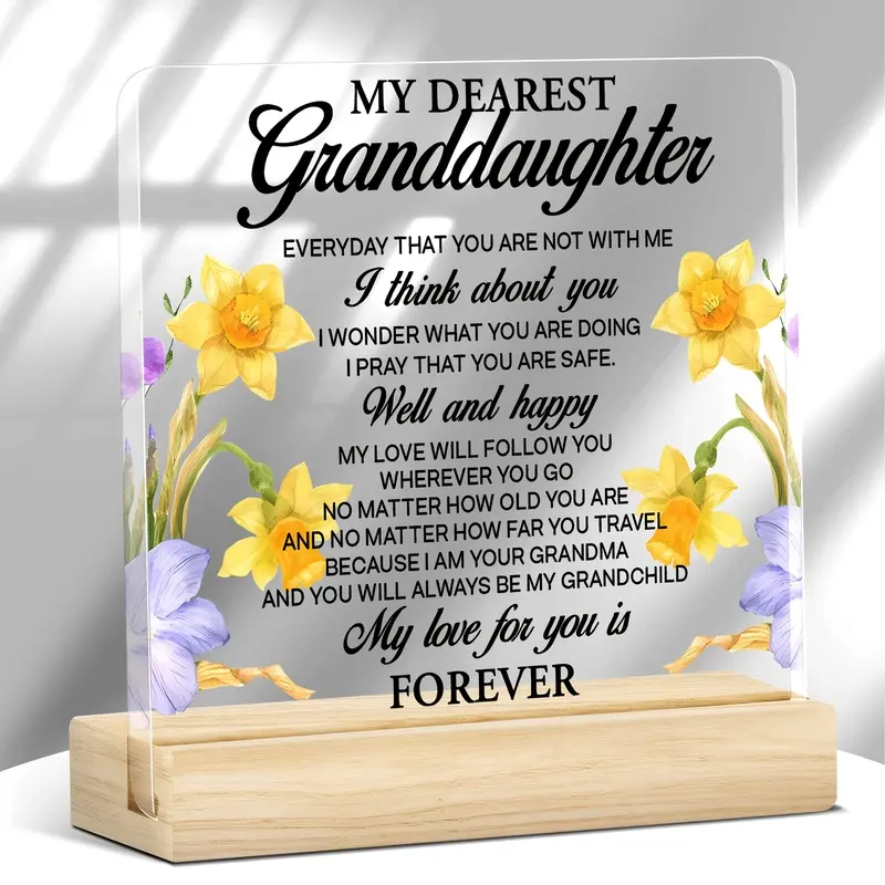 [2D Flat] A Piece of Acrylic Plaque, Acrylic Desktop Plaque for Granddaughters Featuring an Inspiring Message, Complete with a Wooden Stand, Desk Decoration Makes a Perfect Gift for Birthdays, Christmas, Graduations from a Grandmother