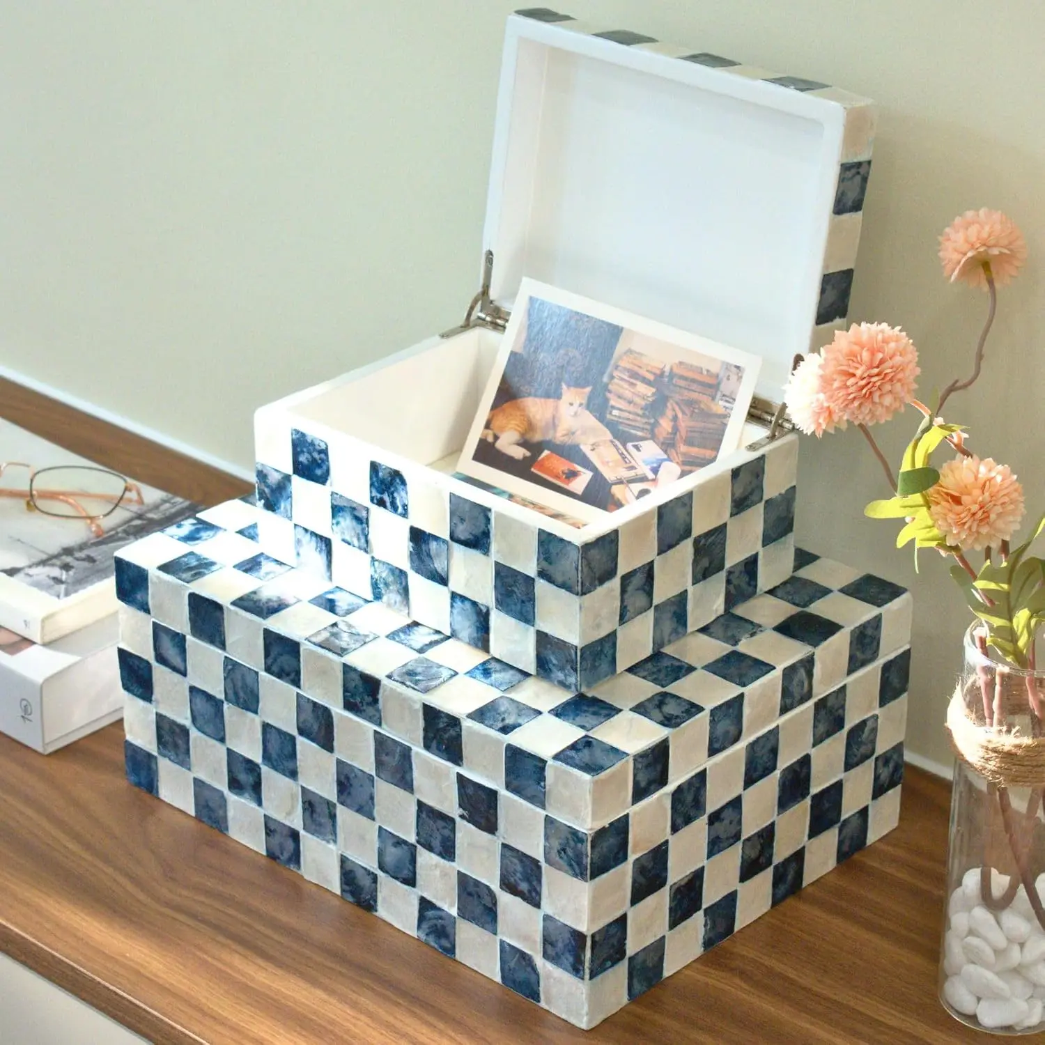 12"x8" Decorative Capiz Boxes  Trunk, Navy Blue, Set 2 | Hdmade capiz inlaid  boxes for photos, blue checkered boxes, checkered box decor, blue storage box for bedroom