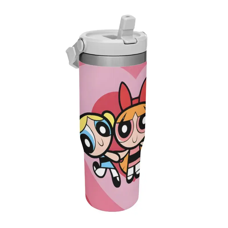 【Back to School】Warner Bros. The Powerpuff Girls Blossom Bubbles Buttercup Flip Straw Tumbler with Handle, 30oz Stainless Steel Vacuum Insulated Travel Mug,  Gradient Pink Heart Cartoon Character Design Reusable Iced Coffee Cup for Car Office Gift