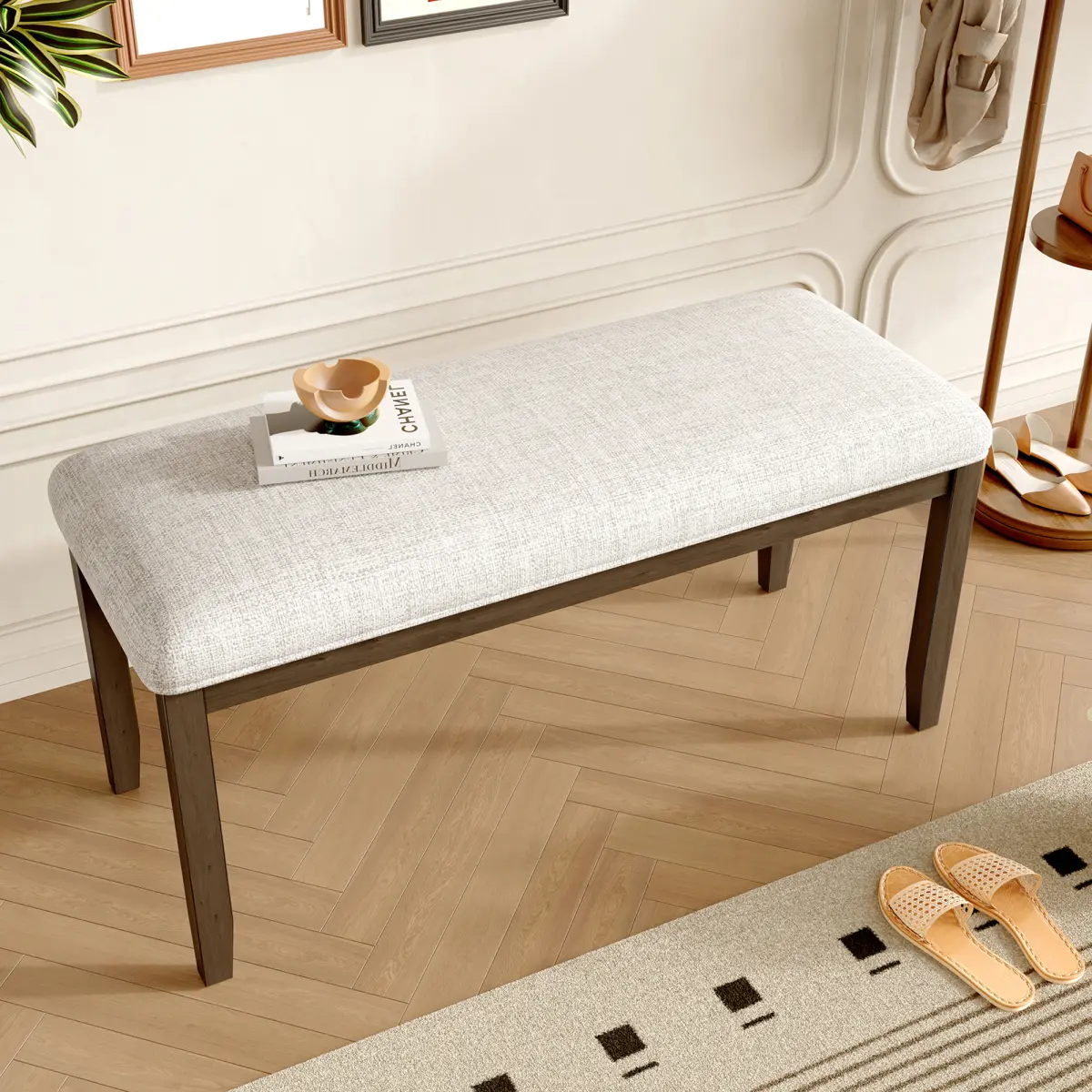 Classic Mid-Century Linen Upholstered Bench, 38.00 x 16.00 x 19.00 in, Solid Rubberwood Legs, 250LBS Load, Beige High Density Foam, Assembly Required, Bedroom End-of-Bed Entryway Bench With Anti-Slip Pads