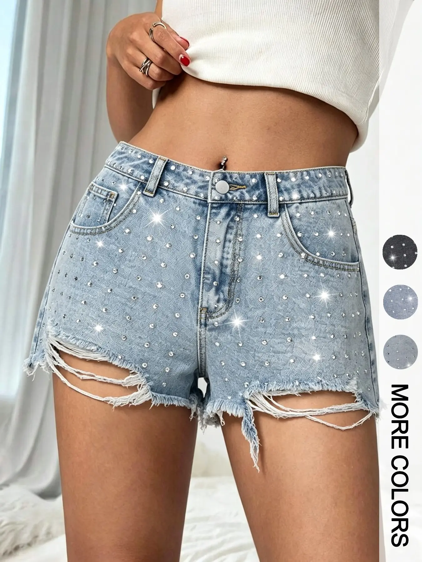 American Style Shiny Rhinestone Distressed Edge Shorts, Summer Sweet Cool Girl Jeans Ultra-Shorts, Trendy Fashion for Women