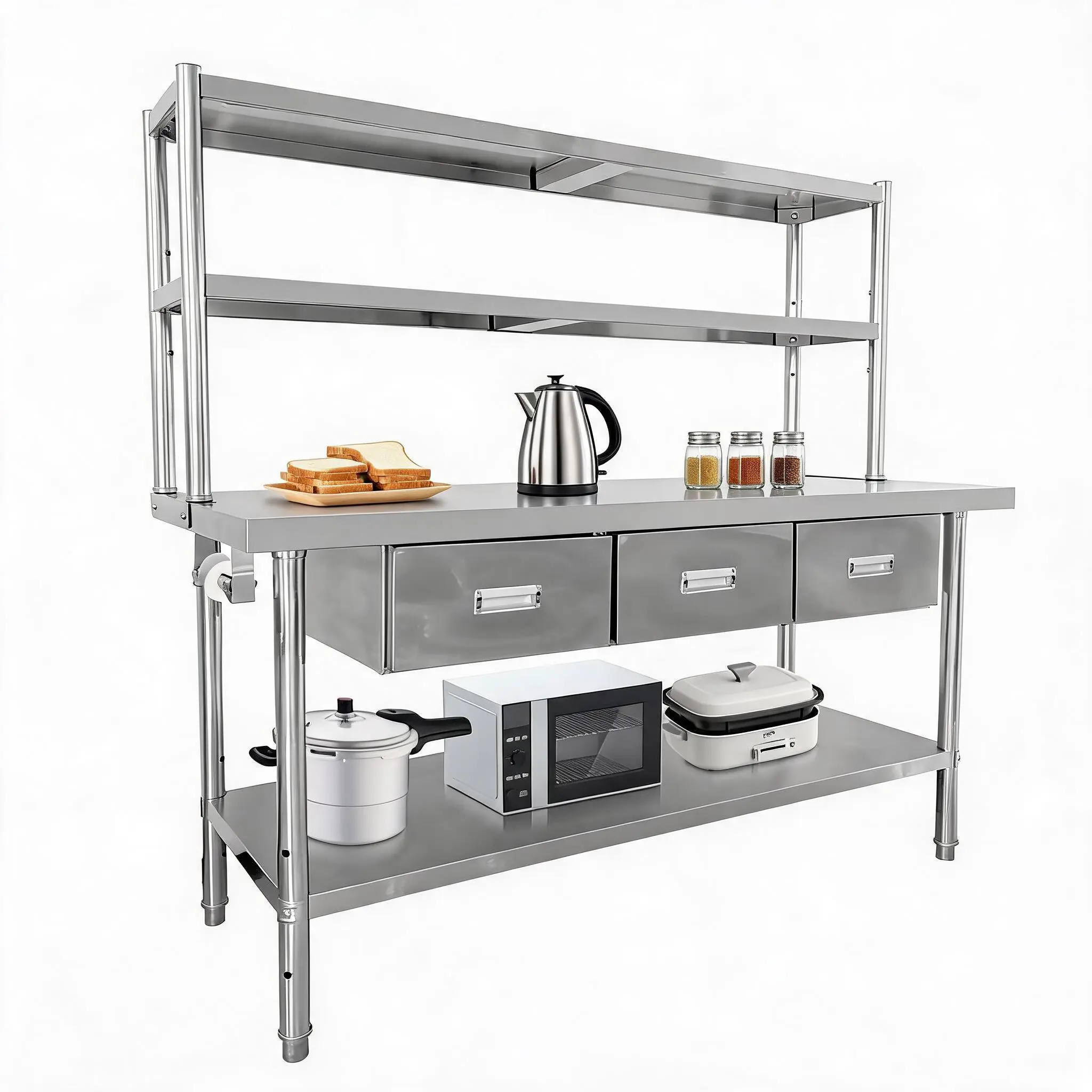 Heavy Duty Stainless Steel Commercial Kitchen Work Table with 2-Tier Overshelves - Durable Food Prep Station Workbench for Restaurant, Hotel, Industrial