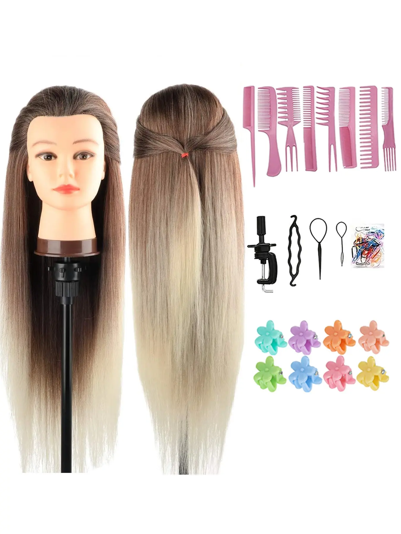 28 Inch Styling Head for Hairdressers, 100% Synthetic Fibres, Includes Free Clamp & DIY Braiding Set, All Seasons Use