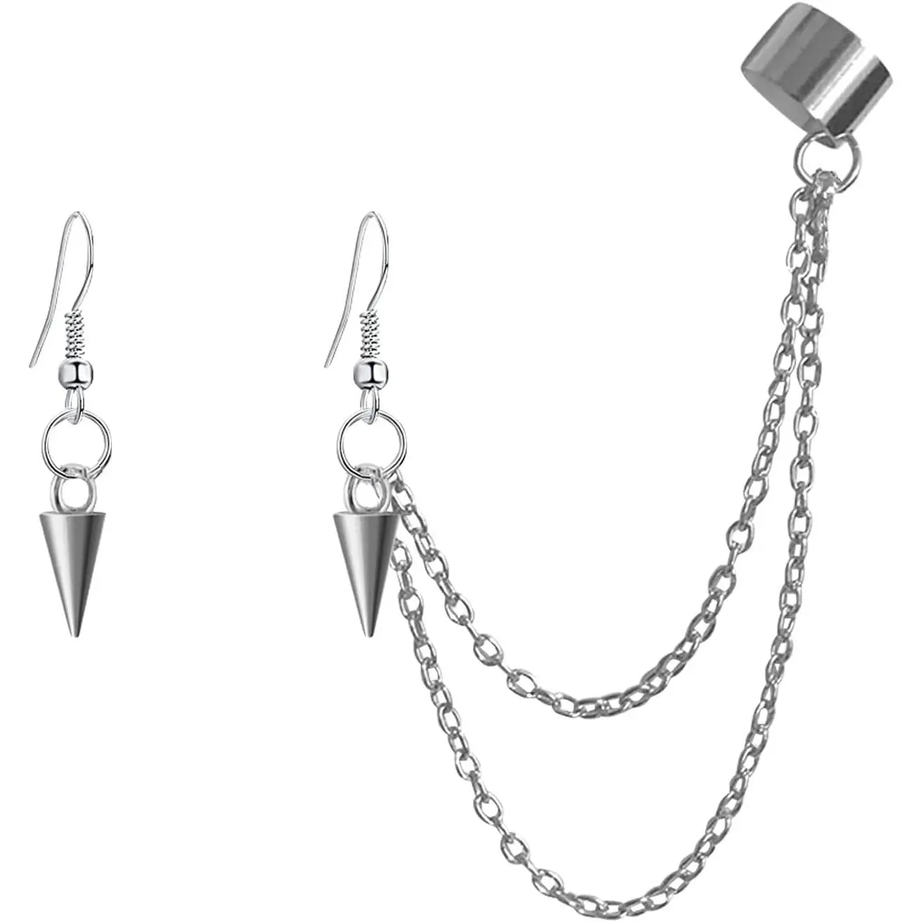 Lightweight Black  Punk Long Tassel Chain Ear Cuff Earrings 316L Stainless Steel  Barrel Nails Crawler Climer Dangle Drop Stud Earrings for Men Women Unisex