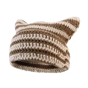 Cat Ear Beanie for Women Men Crochet Hat Knitted Hat Cute Hat Beanie Y2k Winter Hat Slouchy Beanie Kitsch Bonnet, Cotton