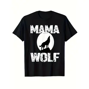 Women'S Mama Wolf Howling at Moon Graphic T-Shirt - Soft Breathable Retro Wolf Pack Design with MAMA WOLF Lettering & Howling Wolf Print - Casual Outdoor Hiking Shirt for Mom, Family Matching Outfits, Casual Attire - All-Season