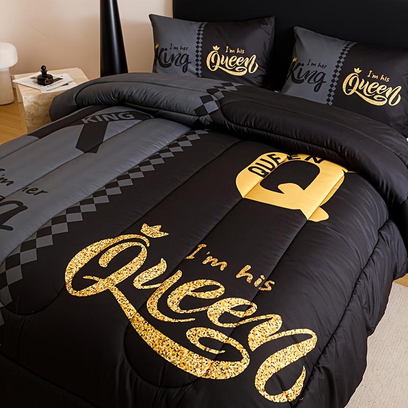 3pcs Super Soft Breathable Quilt Set - Black Grey Color Blocking, Thickening Crown Letter Design | 1 Comforter + 2 Pillowcases, 180gsm Quilting, Digital Printing for Bedroom