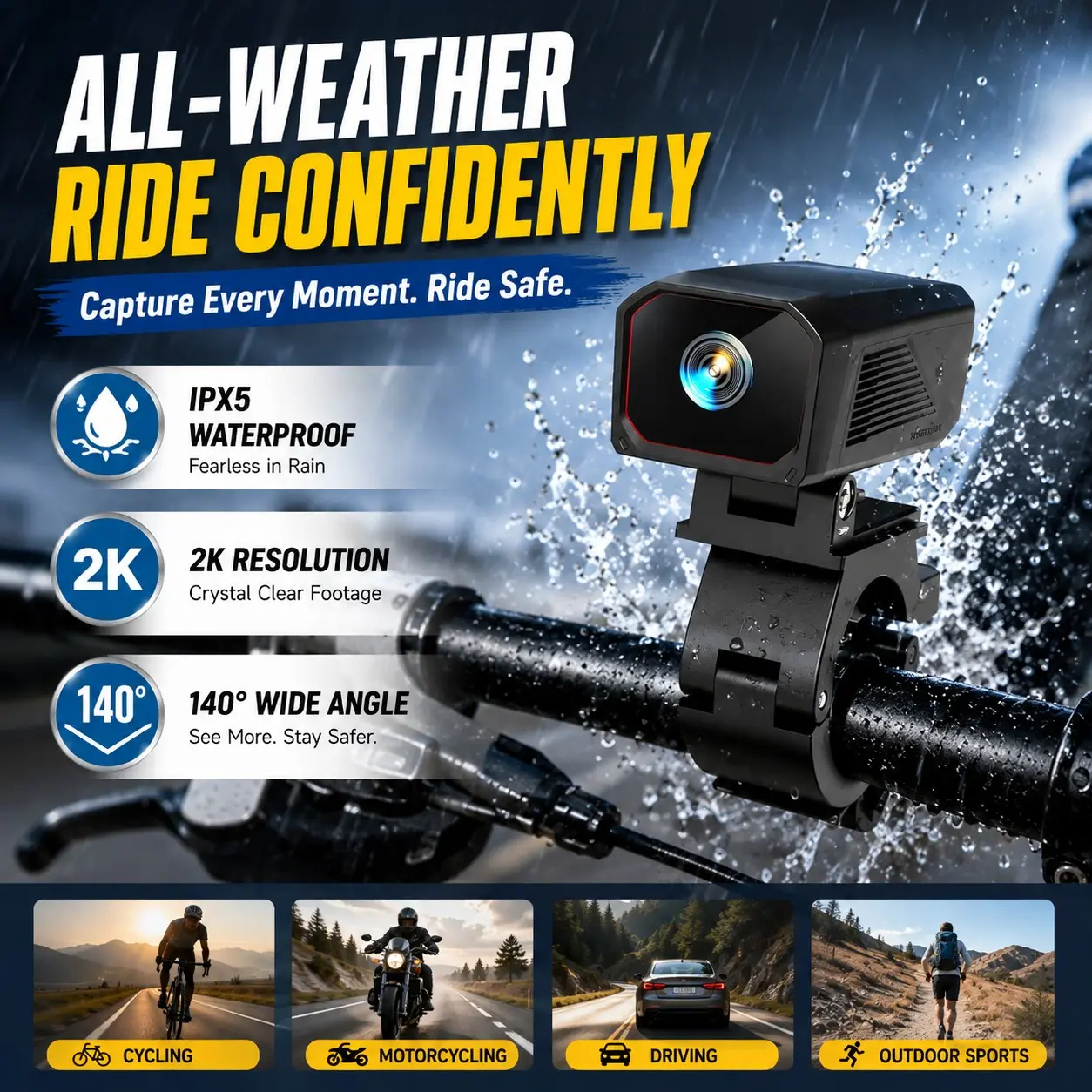 2K Bike Camera, 140° Wide Angle Motorcycle Dash Cam, Dashcam, IPX5 Waterproof Action Camera, USB Plug‑and‑Play Continuous Recording, Ultra‑Light 50g Cycling Video Recorder with Multiple Mount Brackets for Bicycle Motorbike