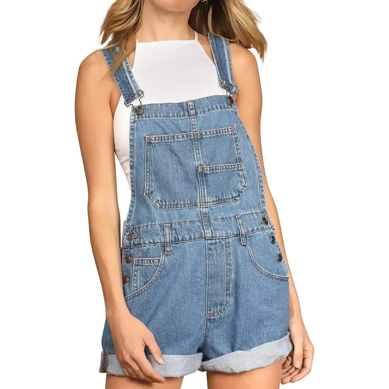 Women’s Casual Denim Bib Overall Shorts, Adjustable Strap Cuffed Hem Shortall Romper with Pockets, Cute Summer Y2K Everyday Outfit