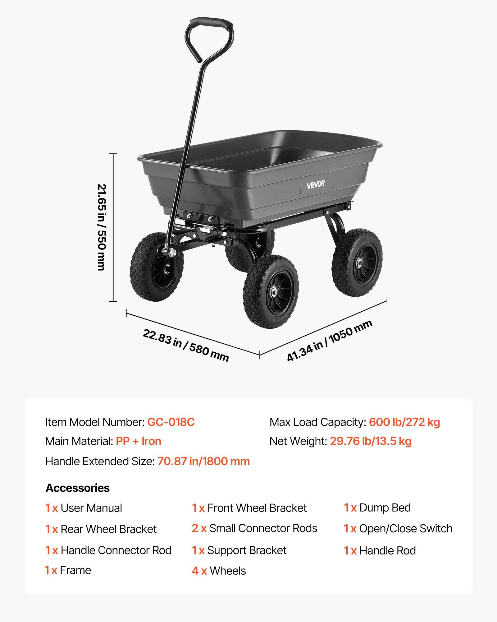 VEVOR Garden Dump Cart, 600 lbs Poly Dump Cart, Garden Carts Dumps Wagon with 90 °   Quick-Dumps Mechanism, 180 °   Swivel Wheels, 270 °   Flexible Rotating Bearings, Yard Wagon for Plants, Soil, Crops