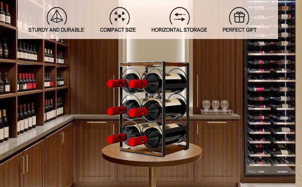 SUOERNUO Wood Countertop Wine Rack No Assembly Needed 6-Bottle Capacity Black & Rustic Brown Metal & Wood Construction Rust-Resistant Powder Coating Freestanding Storage Solution