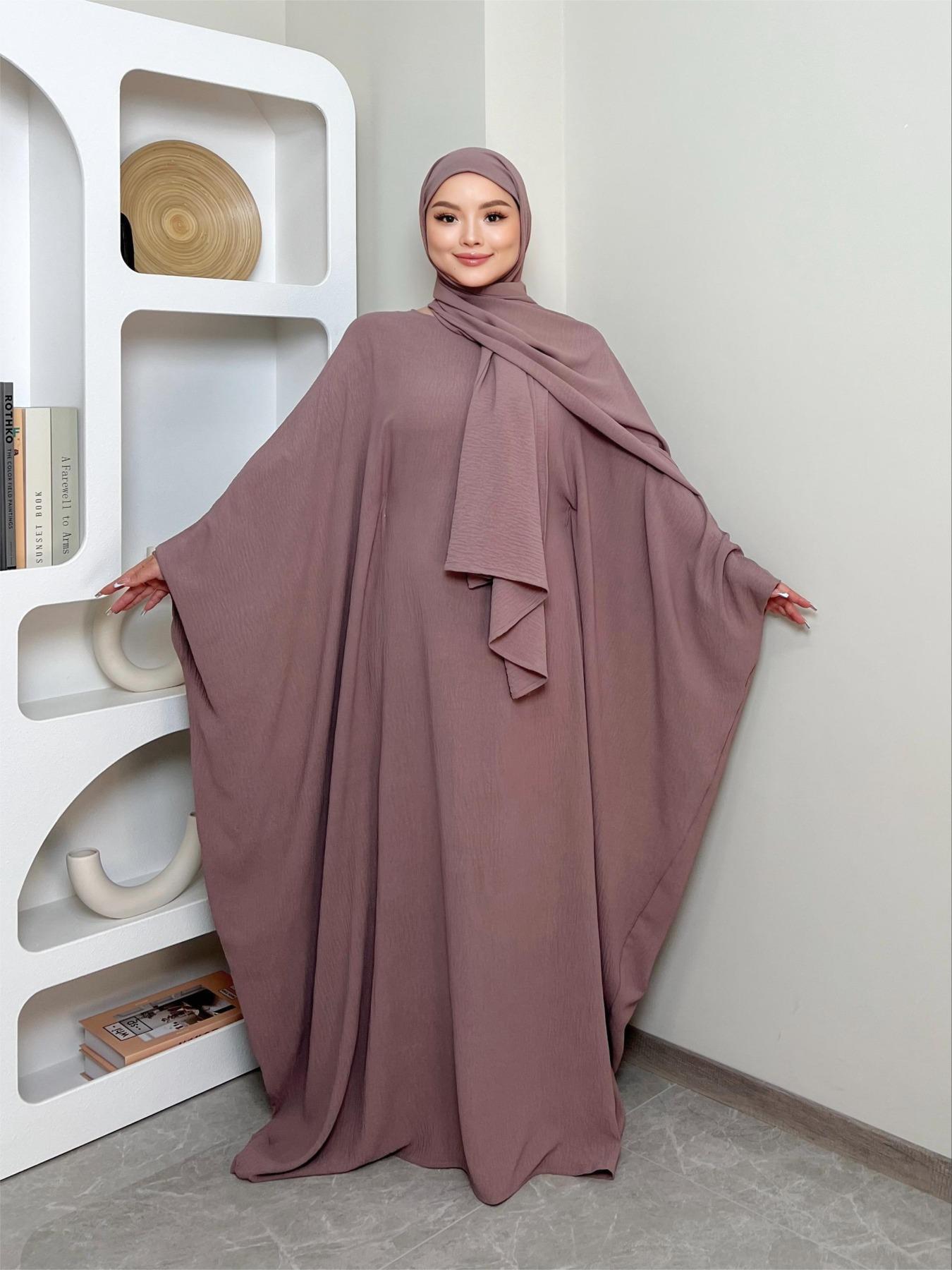 Women's Solid Color Zipper Front Batwing Sleeve Abaya & Hijab Two-Piece Set, Modest Long Sleeve Round Neck Maxi Abaya & Hijab, Women's Islamic Clothing for All Seasons, Abaya Dress Set