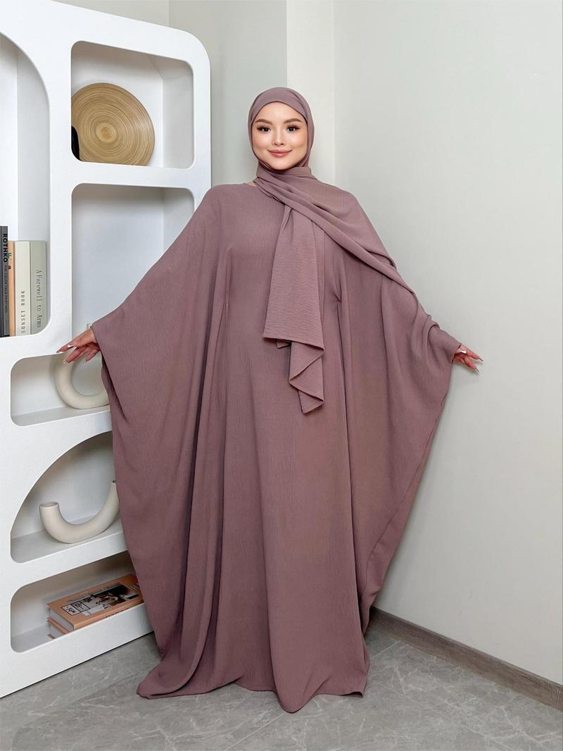 Women's Solid Color Zipper Front Batwing Sleeve Abaya & Hijab Two-Piece Set, Modest Long Sleeve Round Neck Maxi Abaya & Hijab, Women's Islamic Clothing for All Seasons, Abaya Dress Set