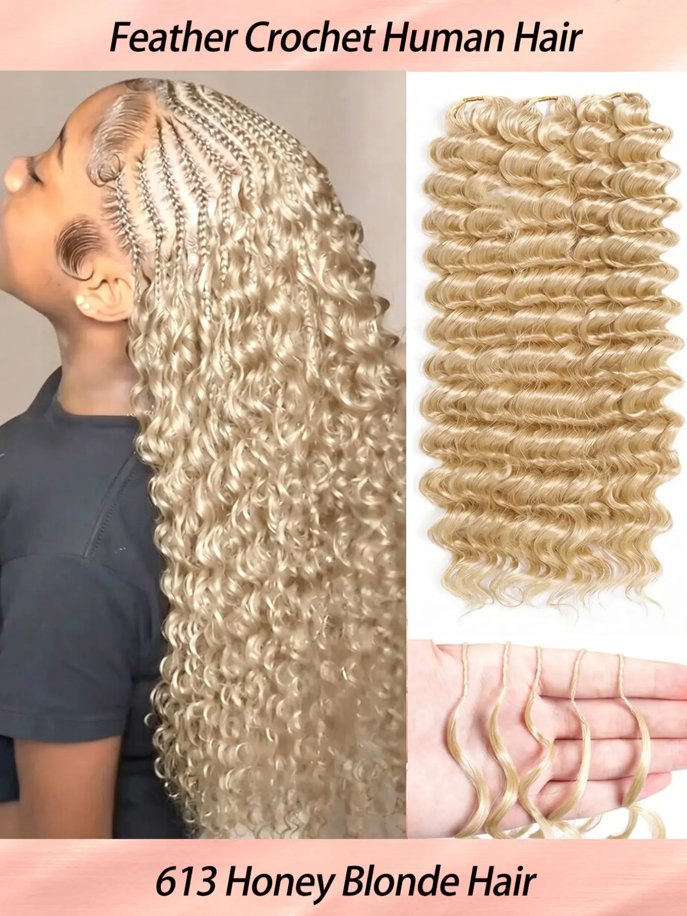 Deep Wave Crochet 613 Honey Blonde 100% Human Hair Feather Crochet Human Hair Extension 14-22 Inch Pre-Separated Invisible Miracle Knots Hair Extension Boho Braids Miracle Knots Lightweight Protective Style