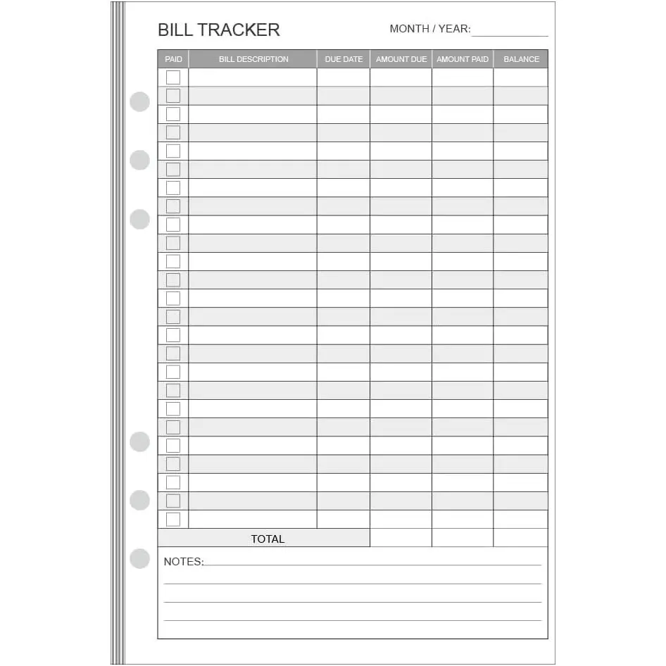 Bill Payment  Refills - 100 Sheets/200 Pages, Bill Pay Checklist Refills for Filofax Planner, Organizer, Binders, 6 Hole Punched, 100 gsm, White Paper, Monthly Budget Forms, 5.5" x 8.5"