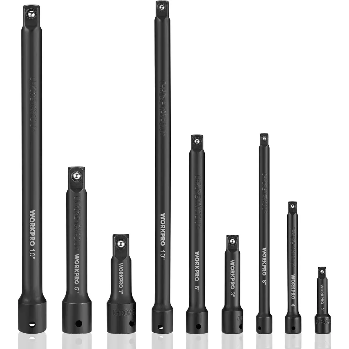 Impact Driver Extension Bar Set, 9 Piece, 1/4", 3/8", 1/2" Drive Socket Extensions, Chrome Vanadium Steel, Black Phosphate Finish, Storage Tray, Garage Workshop Tool