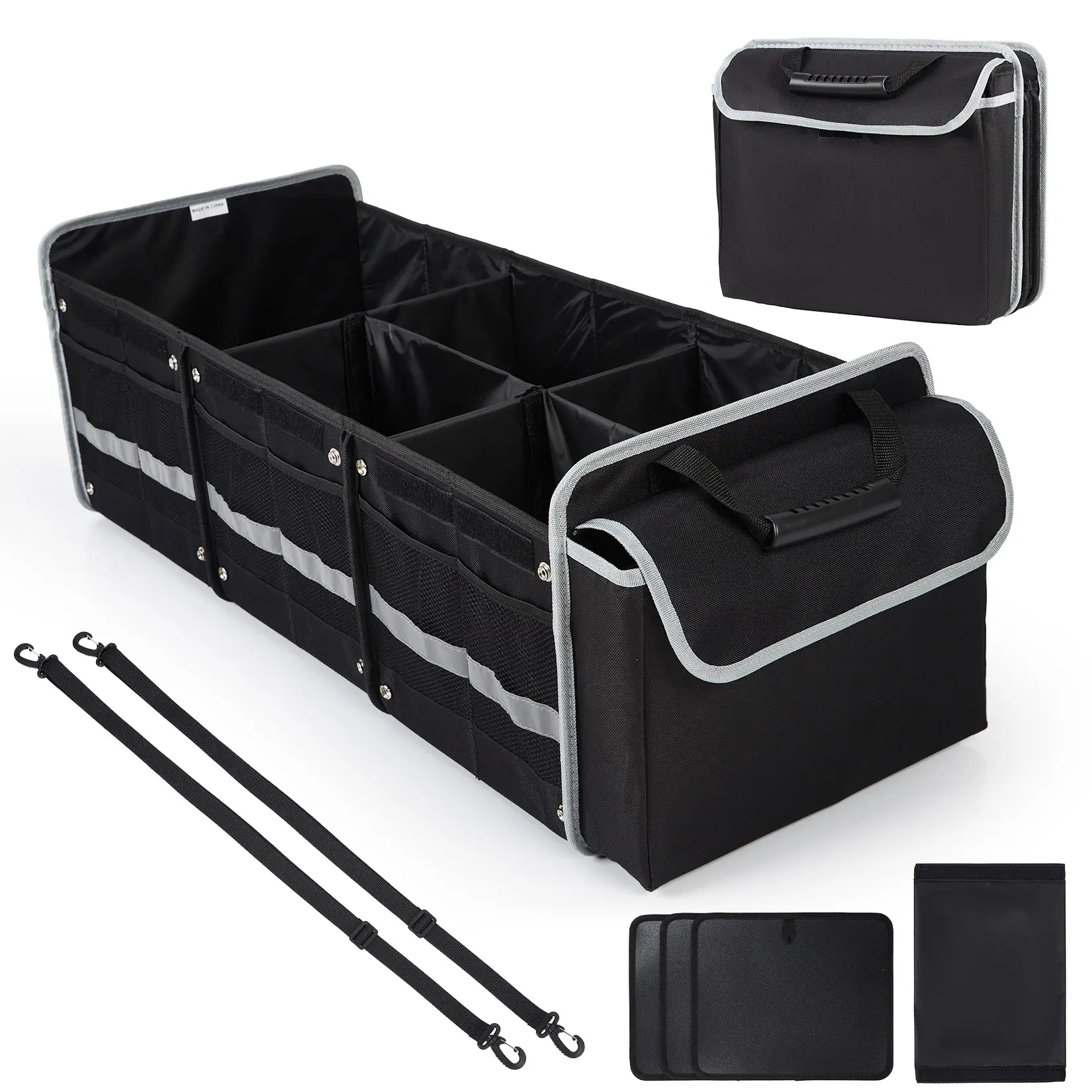 SUV Trunk Organizer - Foldable Multifunctional Vehicle Organizer, Waterproof Oxford Collapsible Cargo Bag with Insulated Cooling Compartment, Ice Pack, Separate Wet Pocket, Adjustable Dividers for Sports Gear, Camping