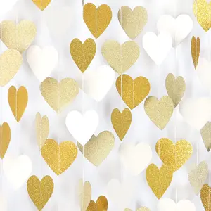 52Ft White Gold Champagne Heart Streamers Garland Hanging Paper Banner for Christmas Wedding Engagement Bachelorette Neutral Baby Bridal Shower Party Decorations