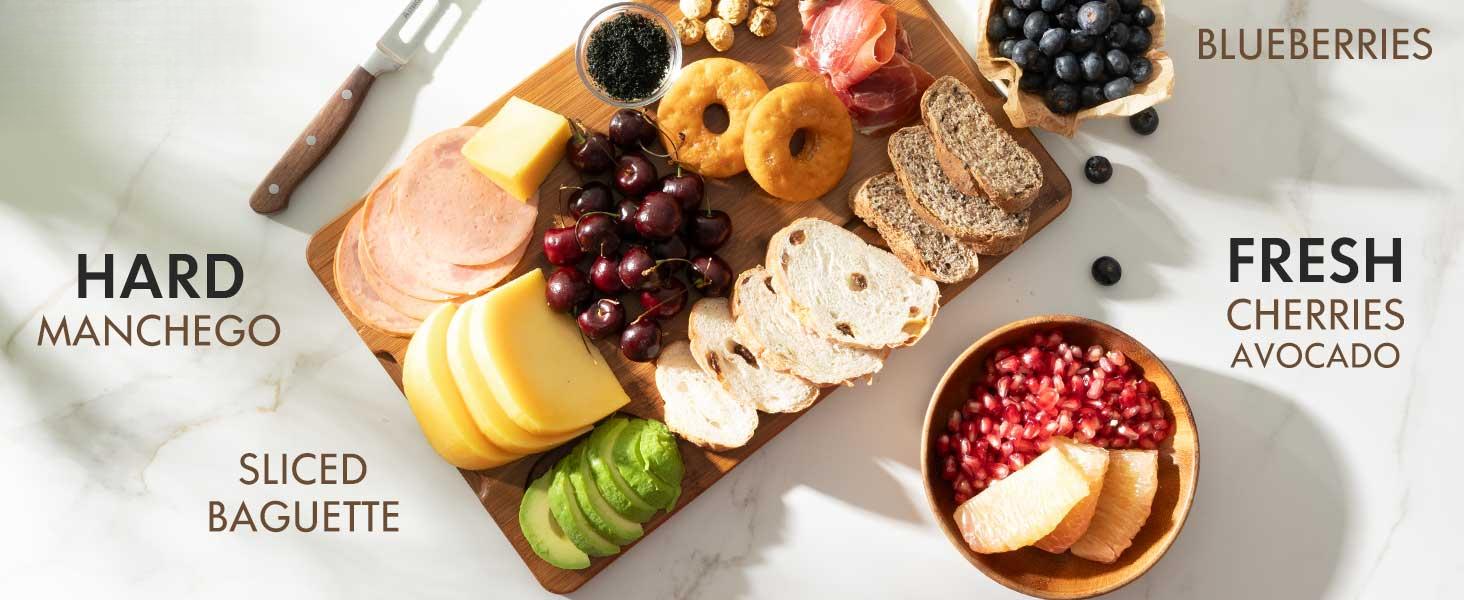 Deep-Carbonized Bamboo Cutting Boards for Kitchen with Wood Storage Stand, Reversible Charcuterie & Chopping Boards with Juice Grooves and Easy-Grip Handles, Knife-Friendly, Kitchen Gift