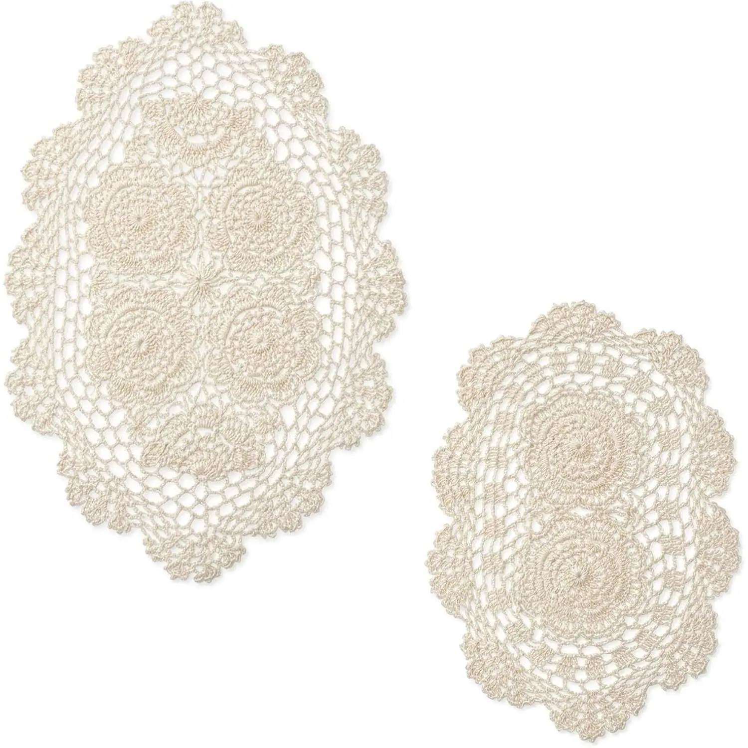 Crochet Lace Doilies Set of 2 - Oval Beige Table Runner for Kitchen and Dining Room, Vintage Floral Cotton Placemats and Coasters