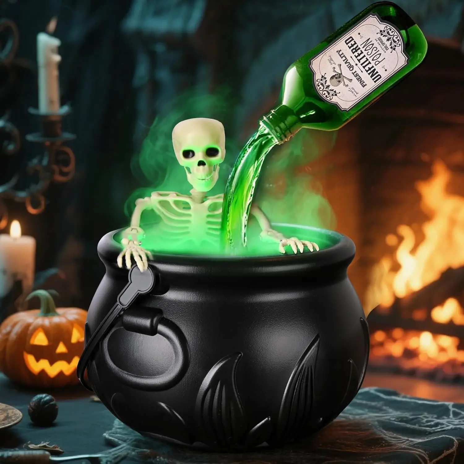 Witch Pot with Floating Potion Bottle, Halloween Indoor Spooky Decor Fog Diffuser, Ghost Bowl Kitchen Party Ornament, Vintage Wizard Pot
