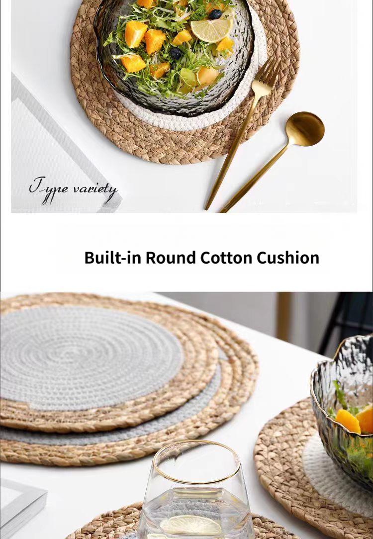 Warm-toned natural grass woven placemats, cotton rope heat-insulating placemats, decorative forest-themed coasters and plate mats
