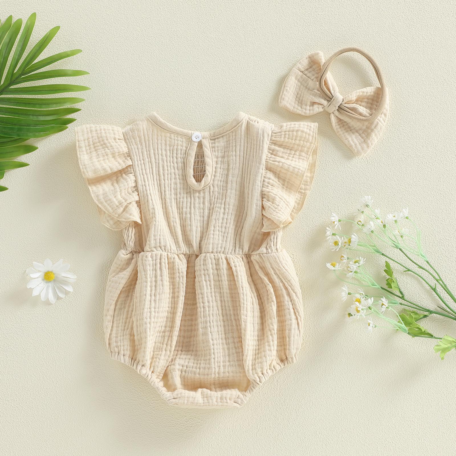 Newborn Baby Girl Romper Ruffle Sleeve Solid Smocked Bubble Romper Jumpsuit Bow Headband Cute Infant Summer Clothes