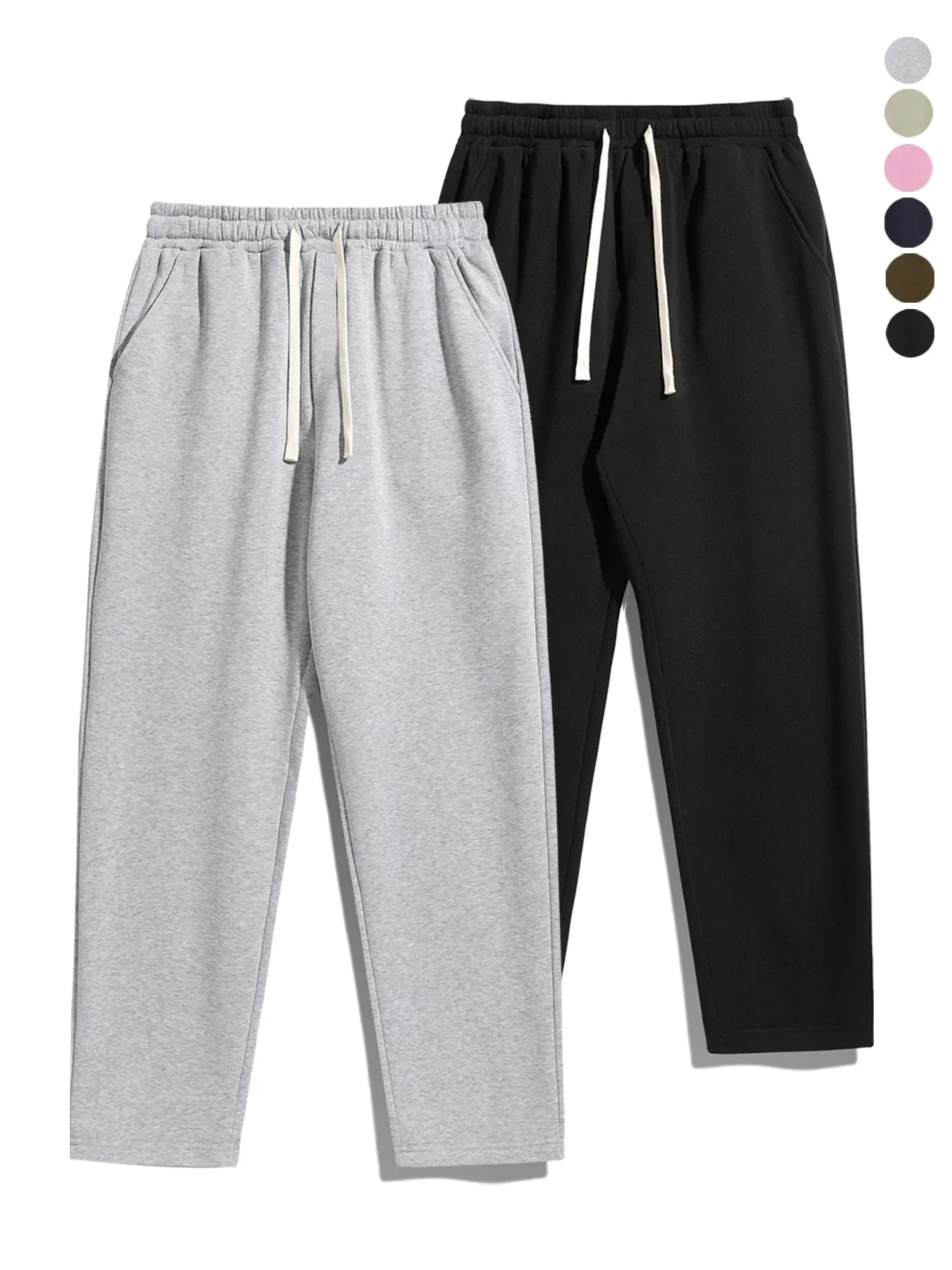 Men's Fleece Lined Casual Sweatpants, High Waist Drawstring Elastic Waist, Loose Fit Long Pants, Plain Colors, Fall & Winter Streetwear