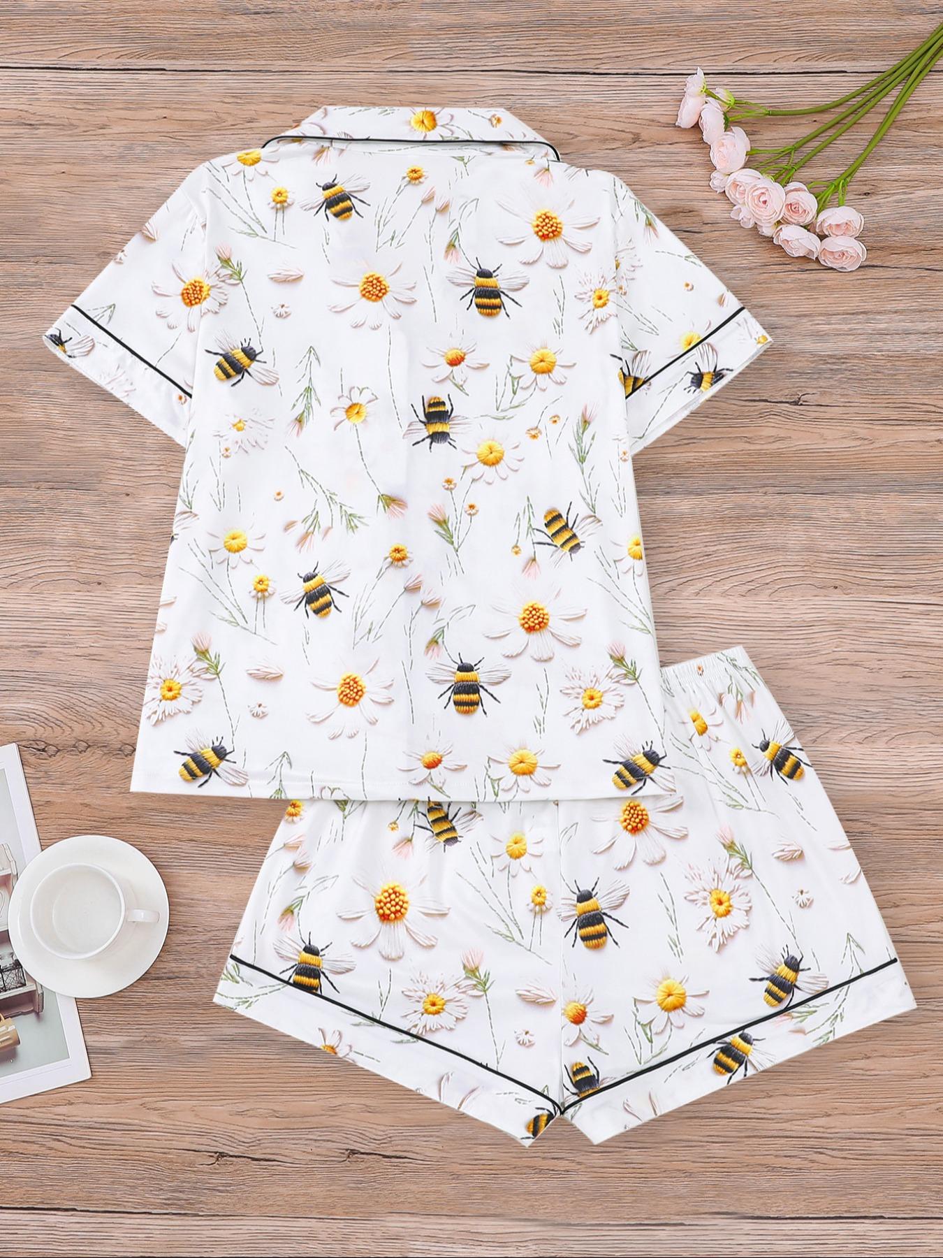 Women's Floral Print Pajama Set, Short Sleeve Button Front Top & Elastic Shorts, Casual Fitted Sleepwear for All Seasons