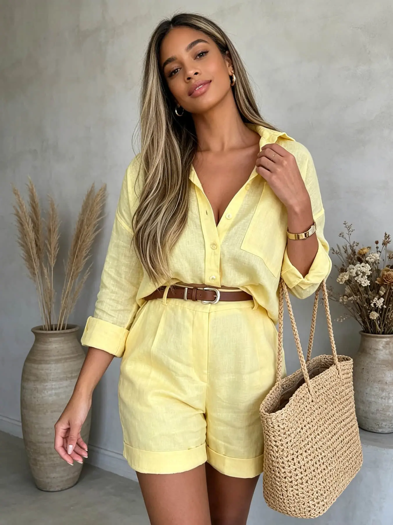 Two-piece women's French vintage solid-color set, excluding belt, featuring a long-sleeved shirt and high-waisted shorts, perfect for summer, Casual, outdoor activities, seaside vacations, and home leisure clothes