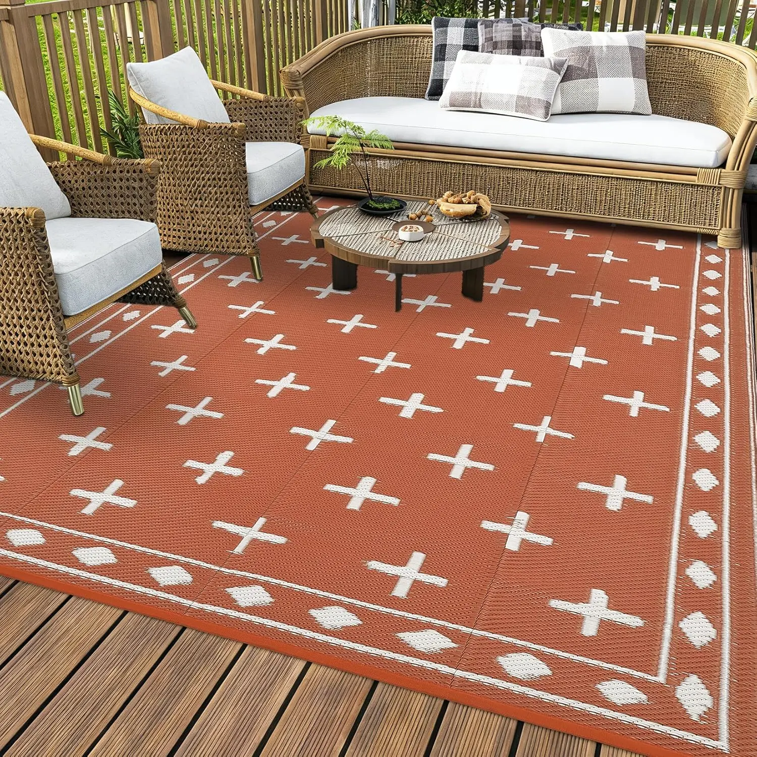 9'x18' Rectangular Outdoor Patio Rug - Waterproof, Fade-Resistant, Stain-Resistant, Geometric, Lightweight, Portable Modern Reversible Woven Plastic Straw Carpet with Woven Texture for RV Deck, Patio Area, Rv Deck Use, Plastic Straws