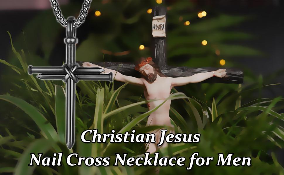 Men's Stylish Nail Cross Necklace Stainless Steel 24in Chain 3 Nails Jesus Pendant Christian Gift for Dad/Boyfriend/Husband Baptism Birthday Anniversary Gift Black/Silver/Gold