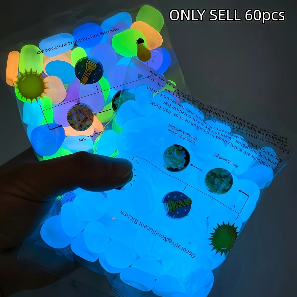 60pcs large luminous pebbles - weighing 0.28 pounds, aquarium, Aquarium decorations, single diameter 2.2 centimeters, decoration for wedding venues, terraces, gardens, creating a starry atmosphere indoors, romantic luminous stones outdoors