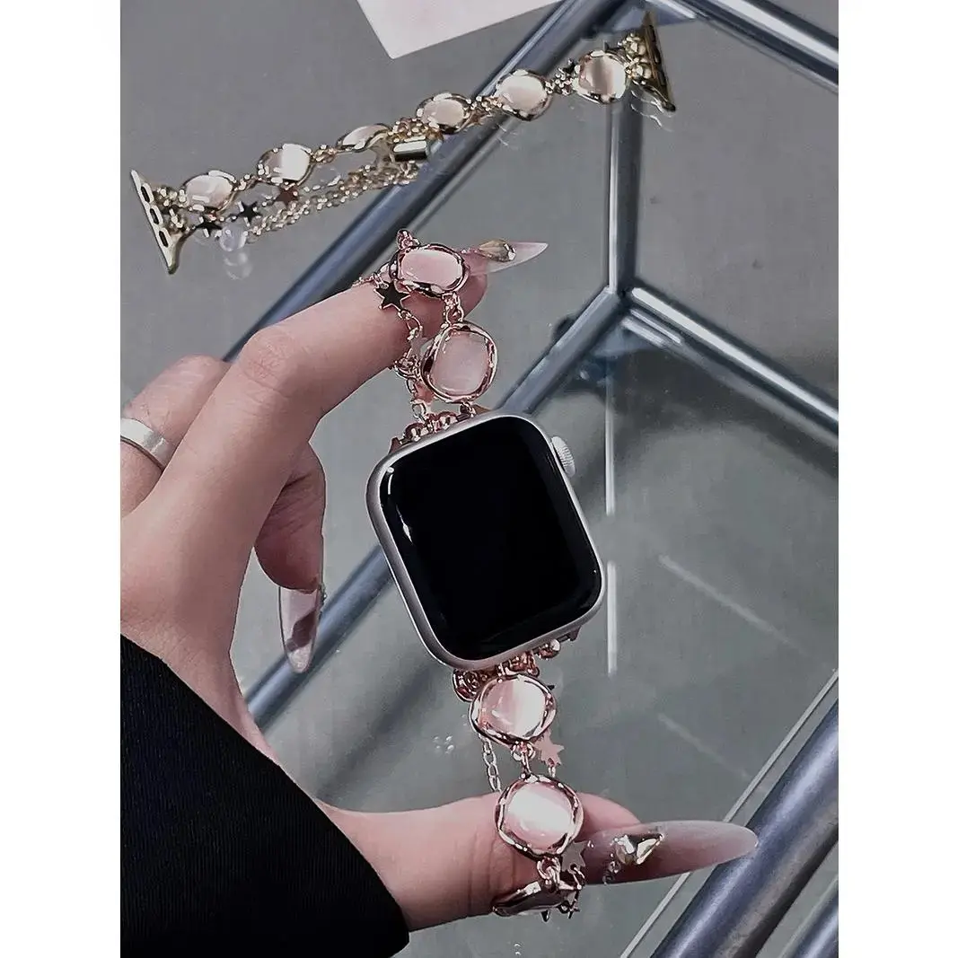 Opal Star Charm Apple Watch Band, Bling Stainless Steel Jewelry Bracelet Strap Compatible with Apple Watch 38/40/41/42/44/45/49mm