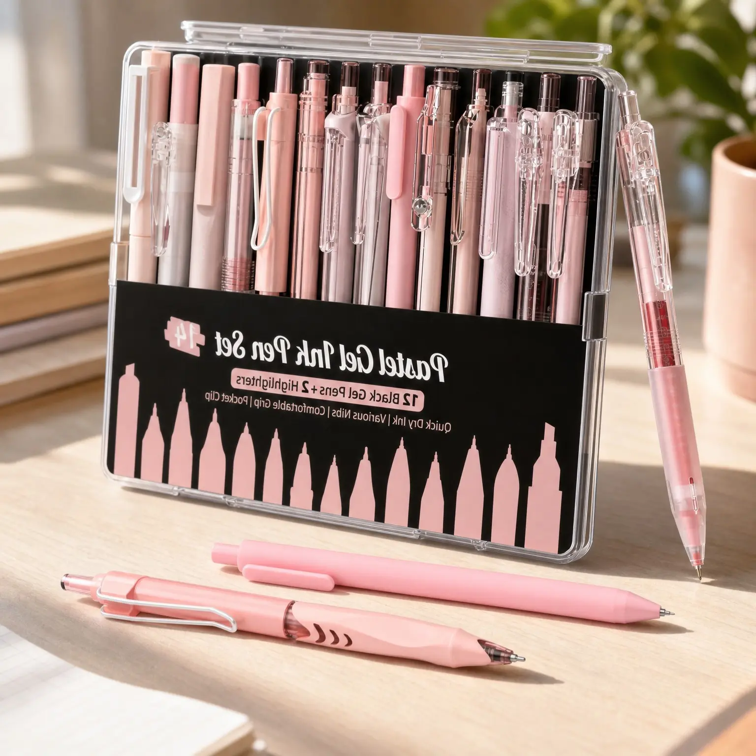 Pink Pens, Black & Pink Ink, 0.5mm Fine Point, 2 Highlighters | Back to School Supplies, Nurse Essentials, Office Supplies, Cute Pastel Girly Stationery Set for Women and GirlsGift