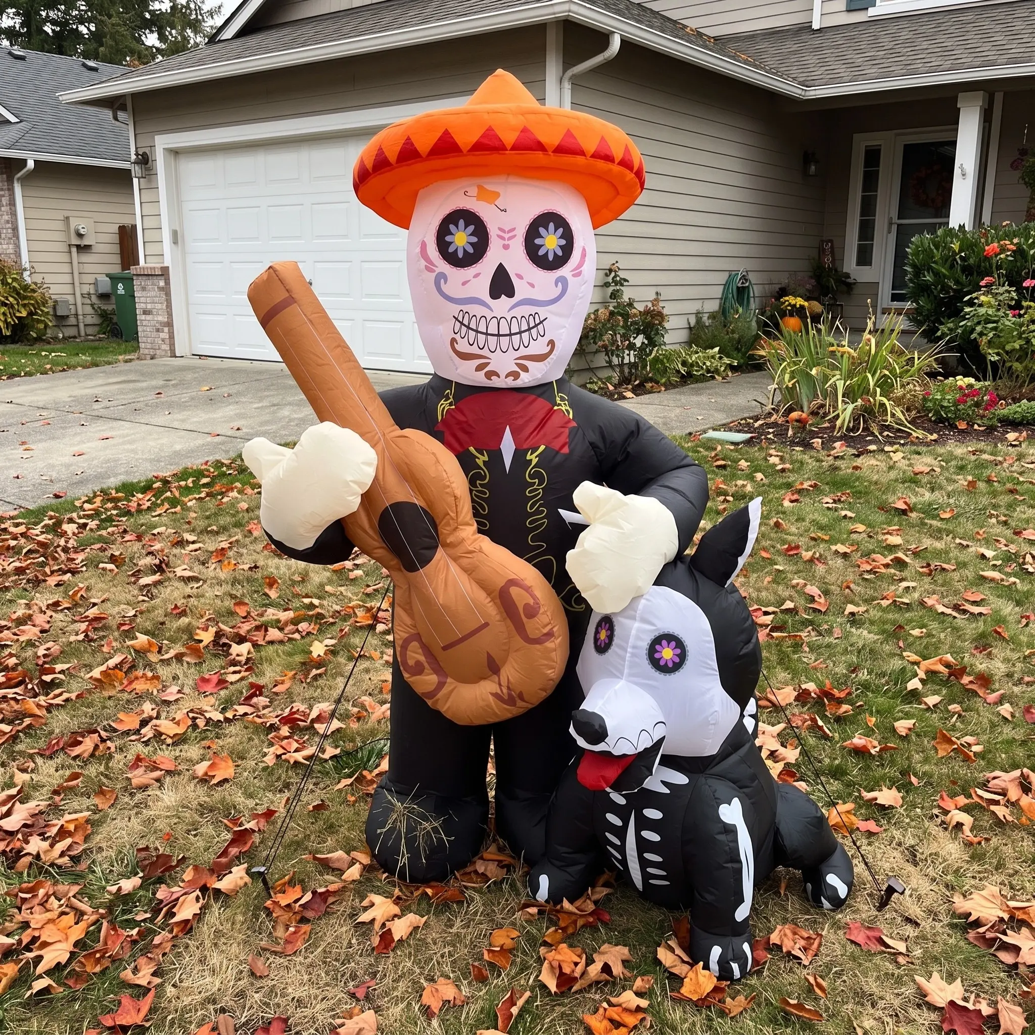 Rockstar Skeleton & Dog Inflatable, Light-Up Guitar Halloween Yard Decor, Fun Outdoor Decoration for Festive Season Light-Up Rocking Skeleton Guitarist & Dog - Epic Halloween Lawn Inflatable
