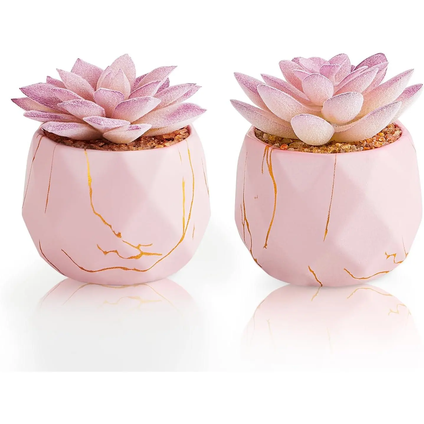 Decorative Small-Size Artificial Succulent Plants in 2 Pink Ceramic Pots - Easy Care Modern Décor, Cute Fake Plants for Vanity, Office, Women’s Gift Idea