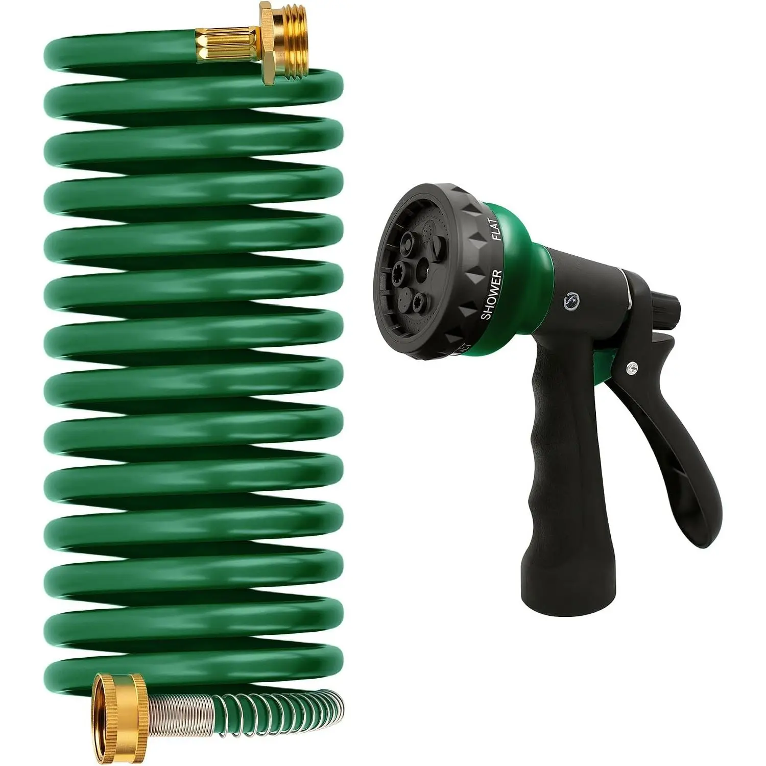 Coil Garden Hose 15 ft, EVA Curly Water Hose with Brass Connectors,  Garden Water Hose,Includes 7- Function Sprayer,Retractable, Resistant Garden Coil Hose.