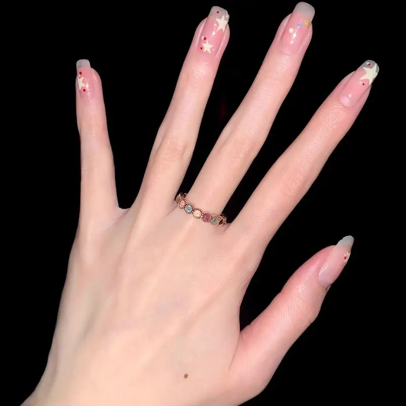 Rose Gold Tone Round Multicolor Crystal Open Ring, Vintage Fluted Band Adjustable Stacking Ring For Women