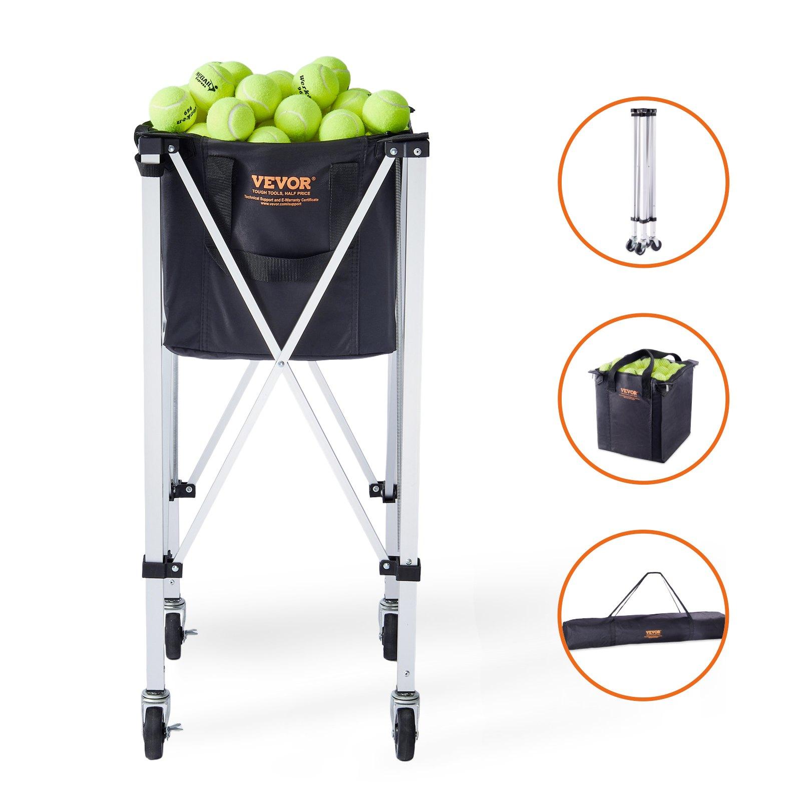 VEVOR Foldable Tennis Ball Hopper, Holds 180 Tennis Balls, Lightweight Aluminum Alloy Tennis Ball Basket Cart with Wheels, Removable Bag, Carry Bag, Portable Sports Teaching Cart for Tennis Player