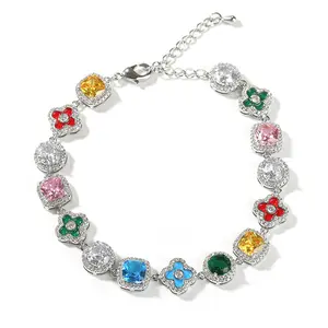 Colourful diamond-studded flower bracelet, delicate luxury geometric adjustable jewellery, colourful tennis bracelet with diamond chain, tennis diamond colourful cross square zirconia chain, sparkling rainbow crystal bracelet, fashionable jewellery gift