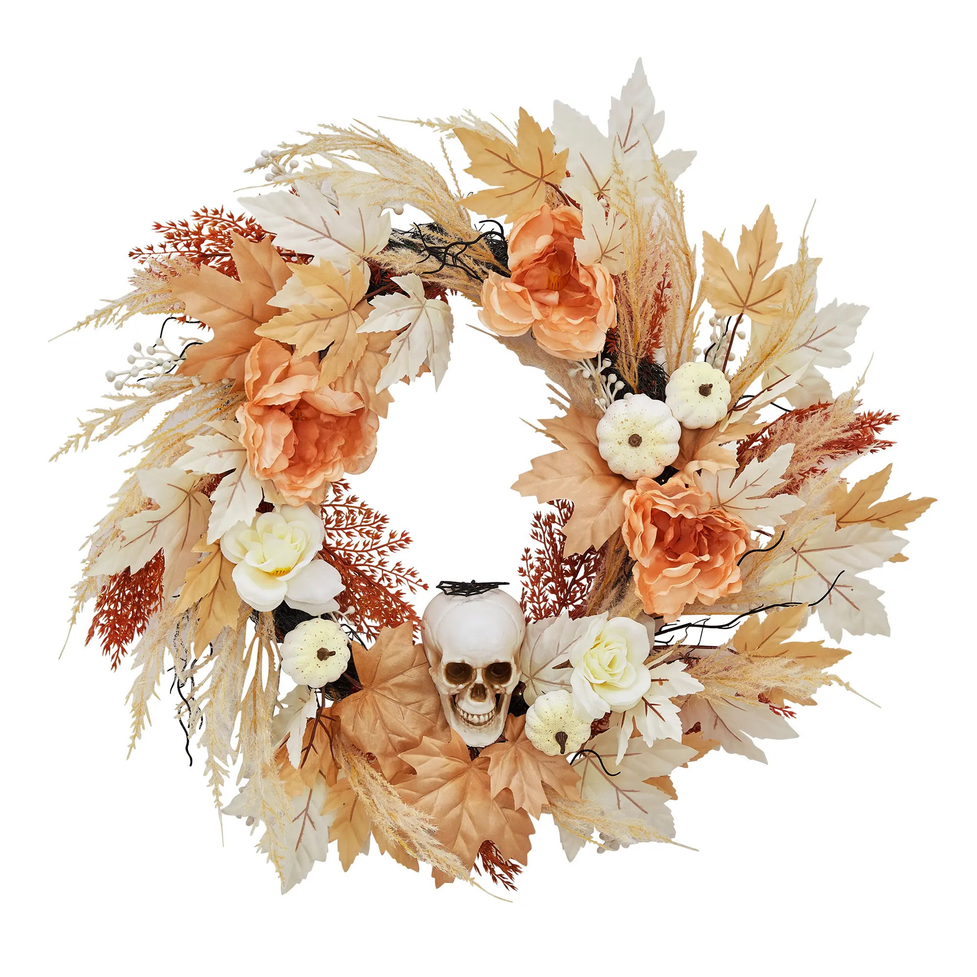 24-Inch Yellow & White Skull Halloween Wreath – PVC Ghost Head Design, Handcrafted for Indoor & Outdoor Display