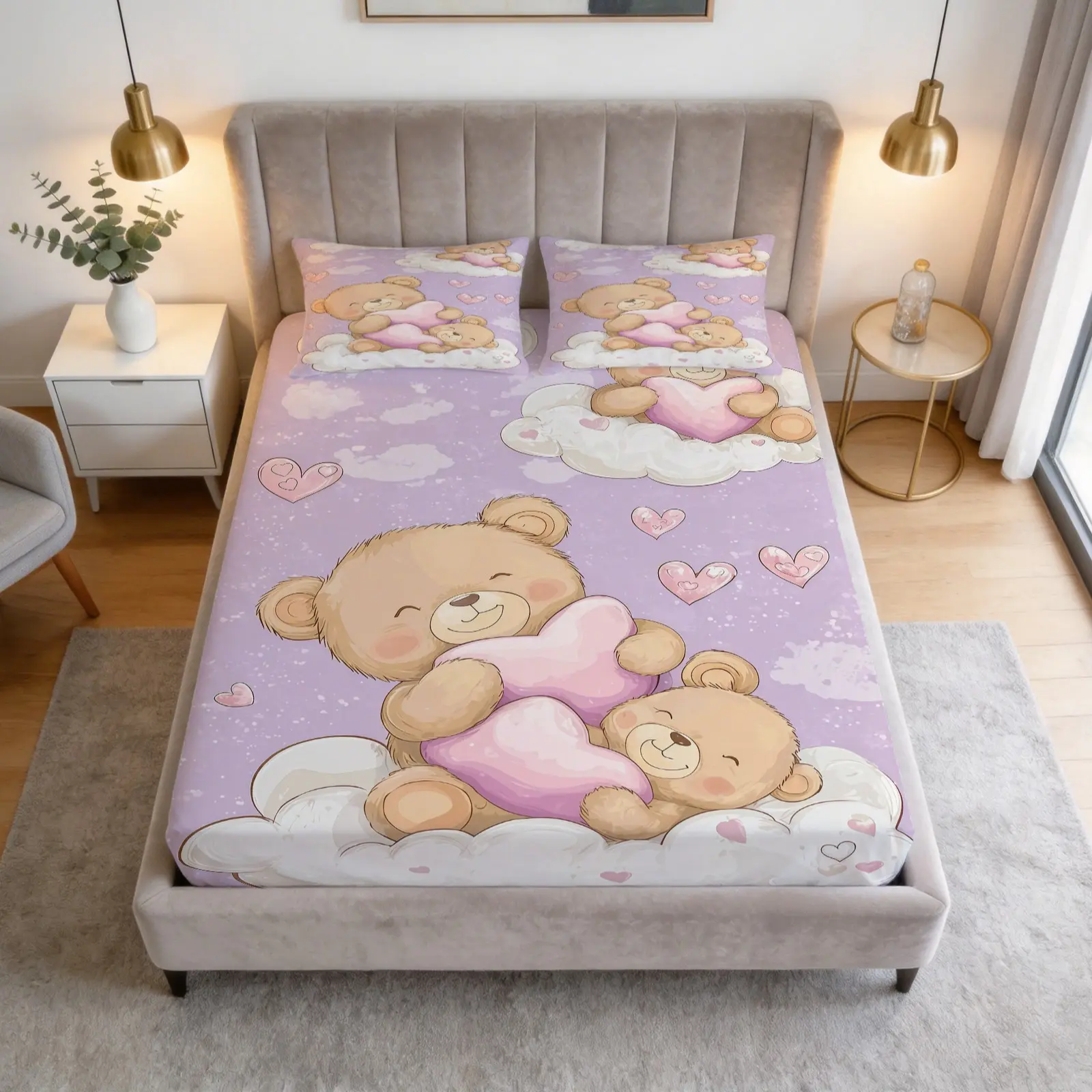 Cute Cartoon Teddy Bear Printed Pattern Bed Sheet Set, 1 Bed Sheet With 2 Pillowcases (Excluding Pillow Core), Suitable For Teenagers And Adults, Suitable For Bedroom Decoration