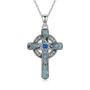 Teetyyt Celtic Cross Necklace Viking Runes Pendant Star of David Abalone Shell White Gold Plated Jewelry for Men