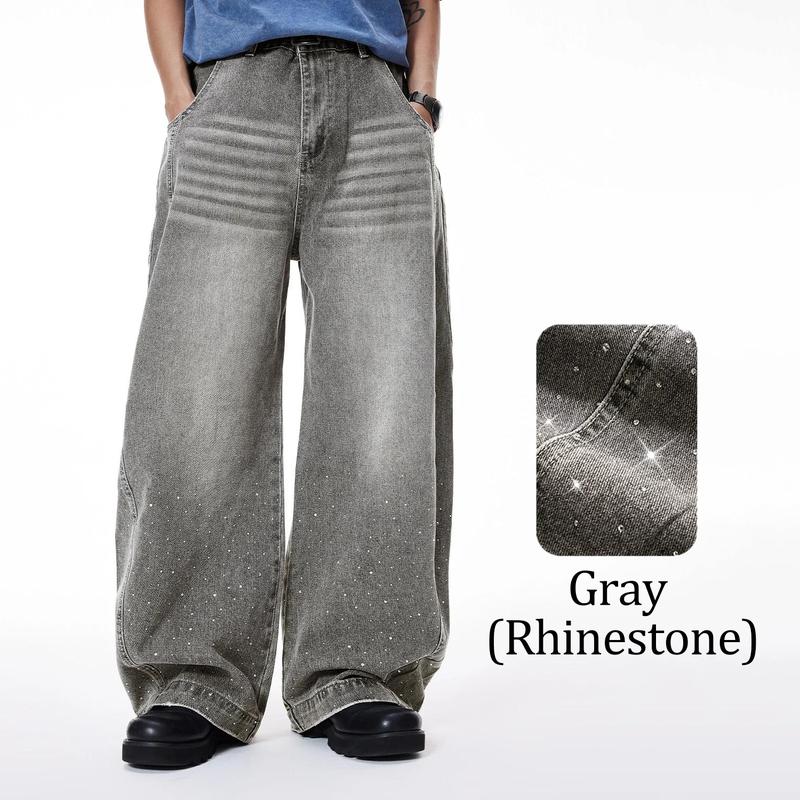 Inflation Baggy Washed Streetwear Wide-Leg Curved Blade Denim Pants Spring Summer New American Style Loose Fit Cargo Jeans Men's Casual Beige Plain Trousers with Pockets Pull On Valentine's Day